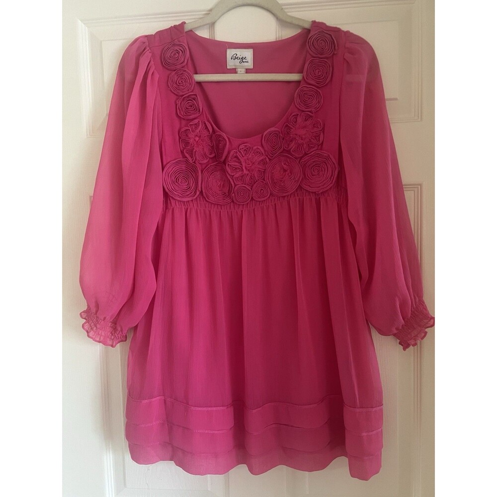 Beige by ECI Fuchsia Pink Rosette Tunic Top Sz L Chiffon Boho Coquette Fairycore
